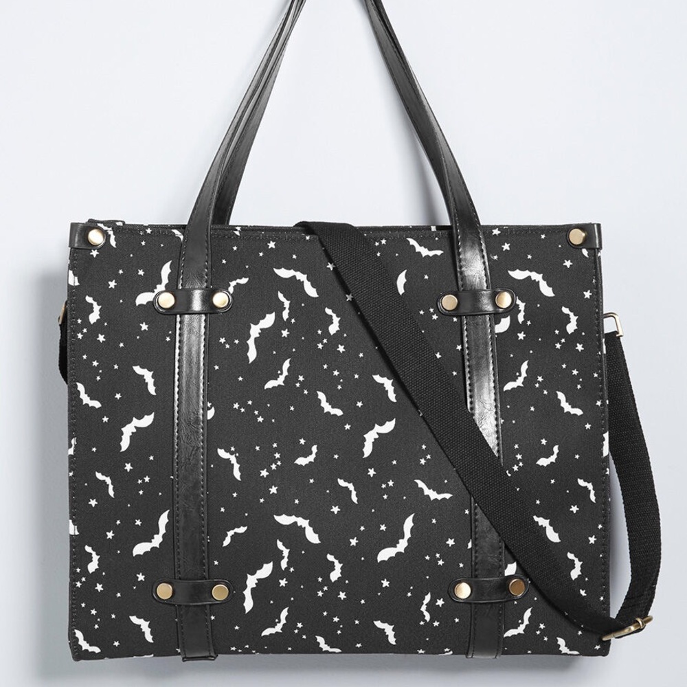 ISO ModCloth black bat print camp director tote